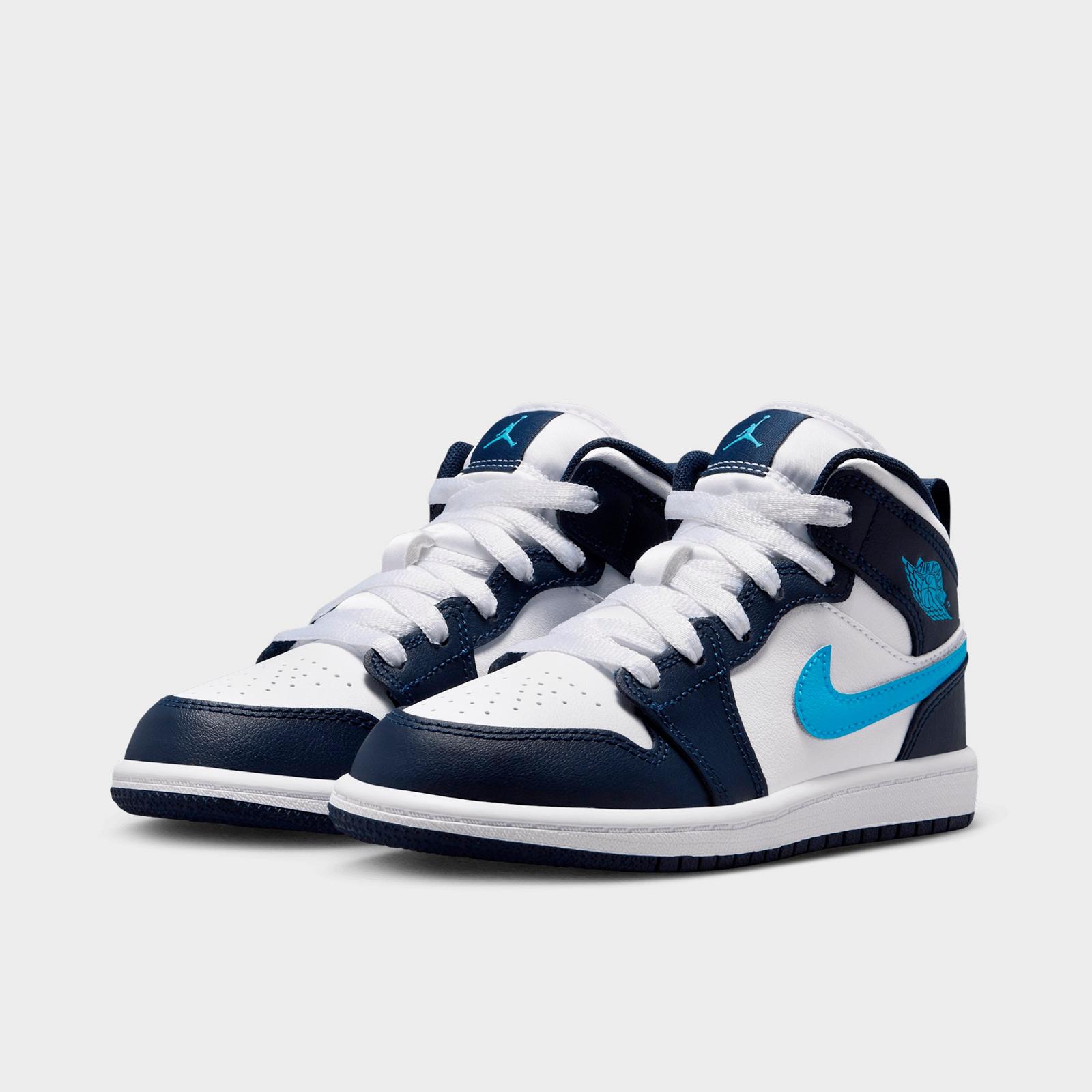 Little Kids' Air Jordan Retro 1 Mid Casual Shoes - Obsidian/White/Dark Powder Blue - view 2