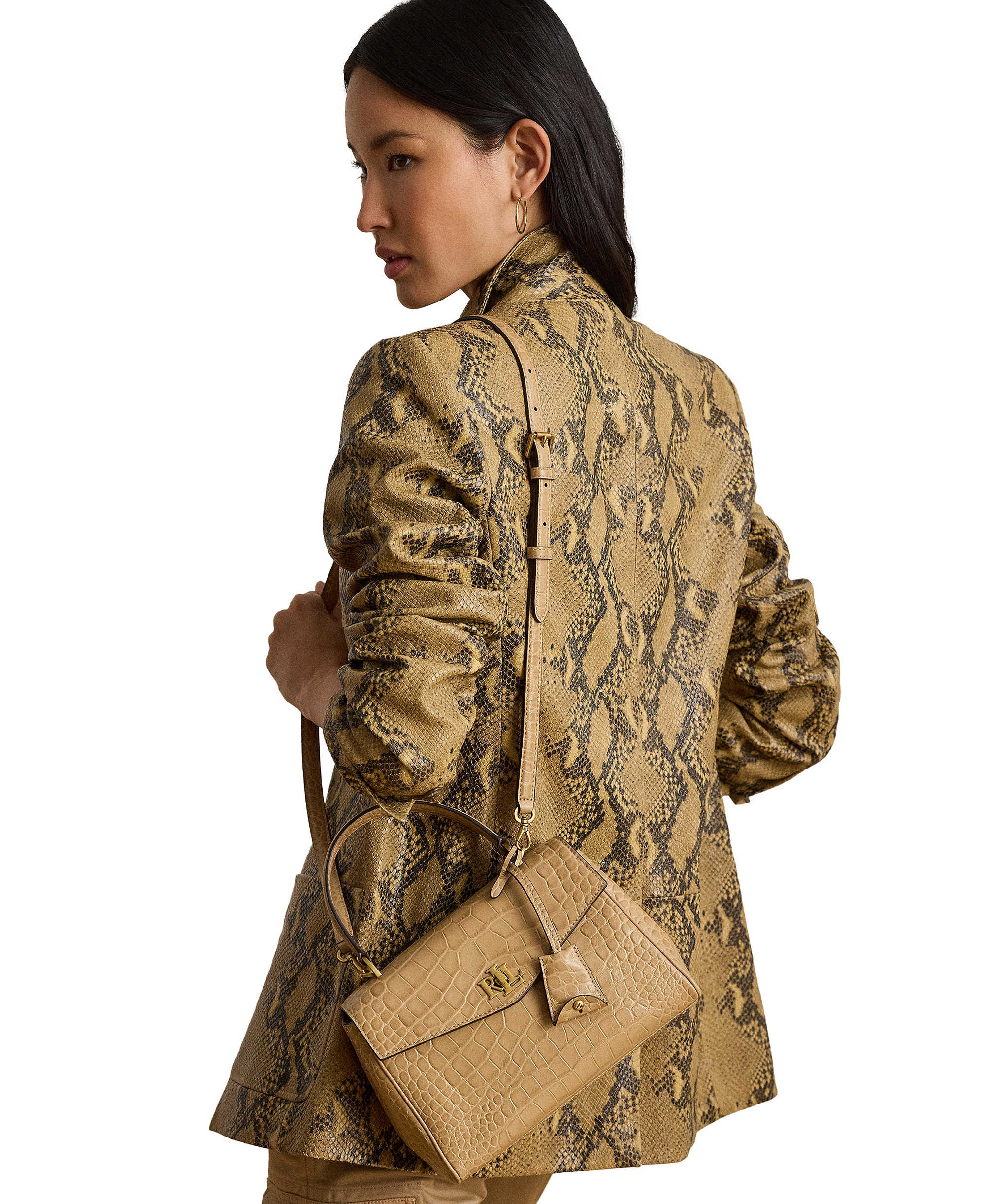 Lauren Ralph Lauren Farrah Embossed Small Soft Satchel Handbag - Tan