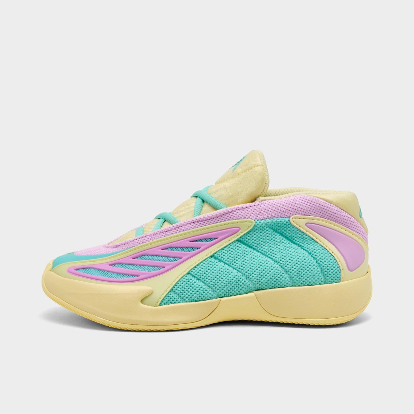 Little Kids' adidas Anthony Edwards 2 Basketball Shoes - Almost Yellow/Bliss Lilac/Flash Aqua - Left shoe facing left. Outside of the shoe.