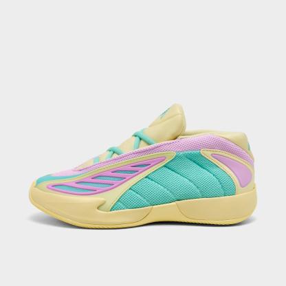 Little Kids' adidas Anthony Edwards 2 Basketball Shoes - Almost Yellow/Bliss Lilac/Flash Aqua - Left shoe facing left. Outside of the shoe.