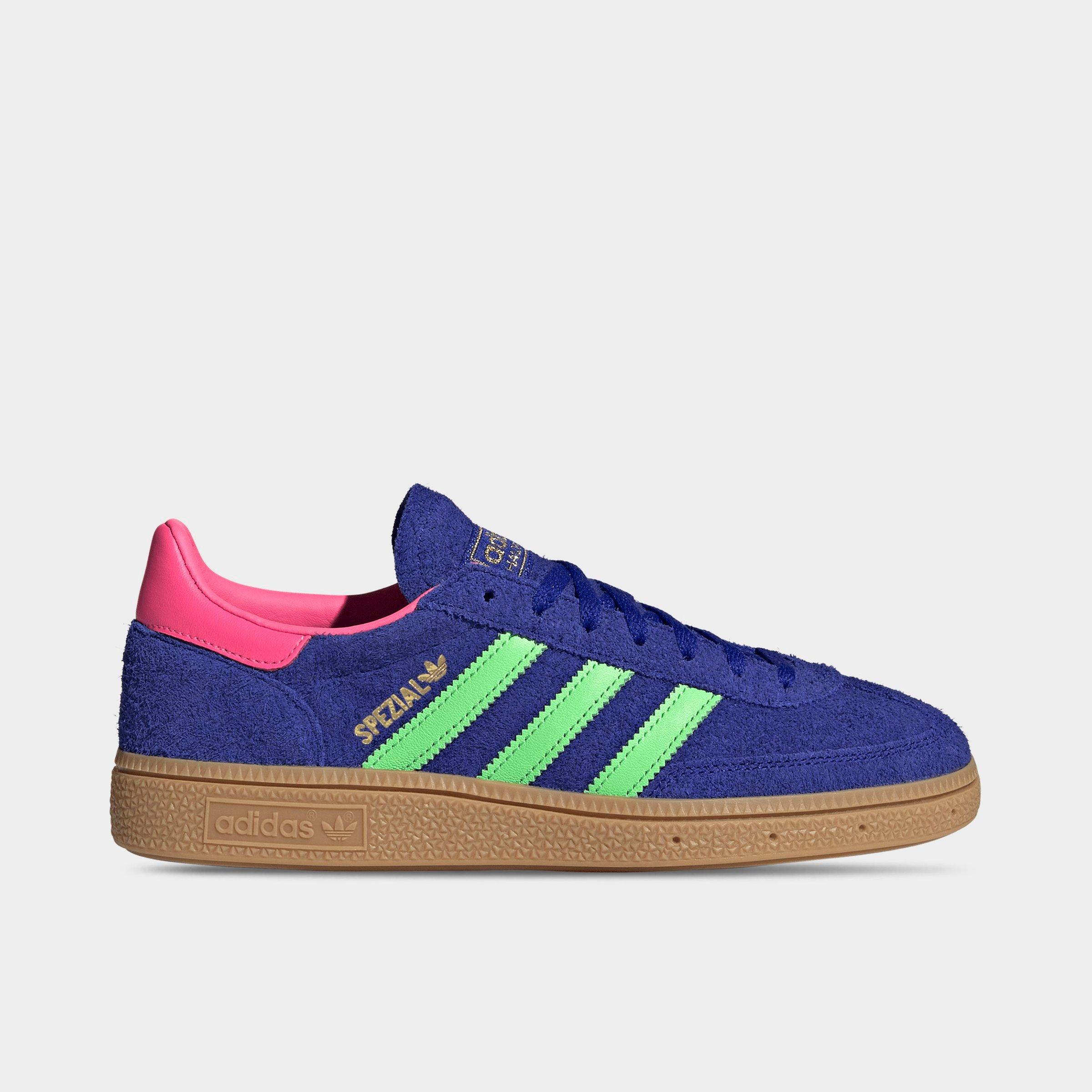 Women's adidas Originals Handball Spezial Casual Shoes - Part 4 - Lucid Blue/Lime Burst/Lucid Pink - Left shoe facing left. Outside of the shoe.