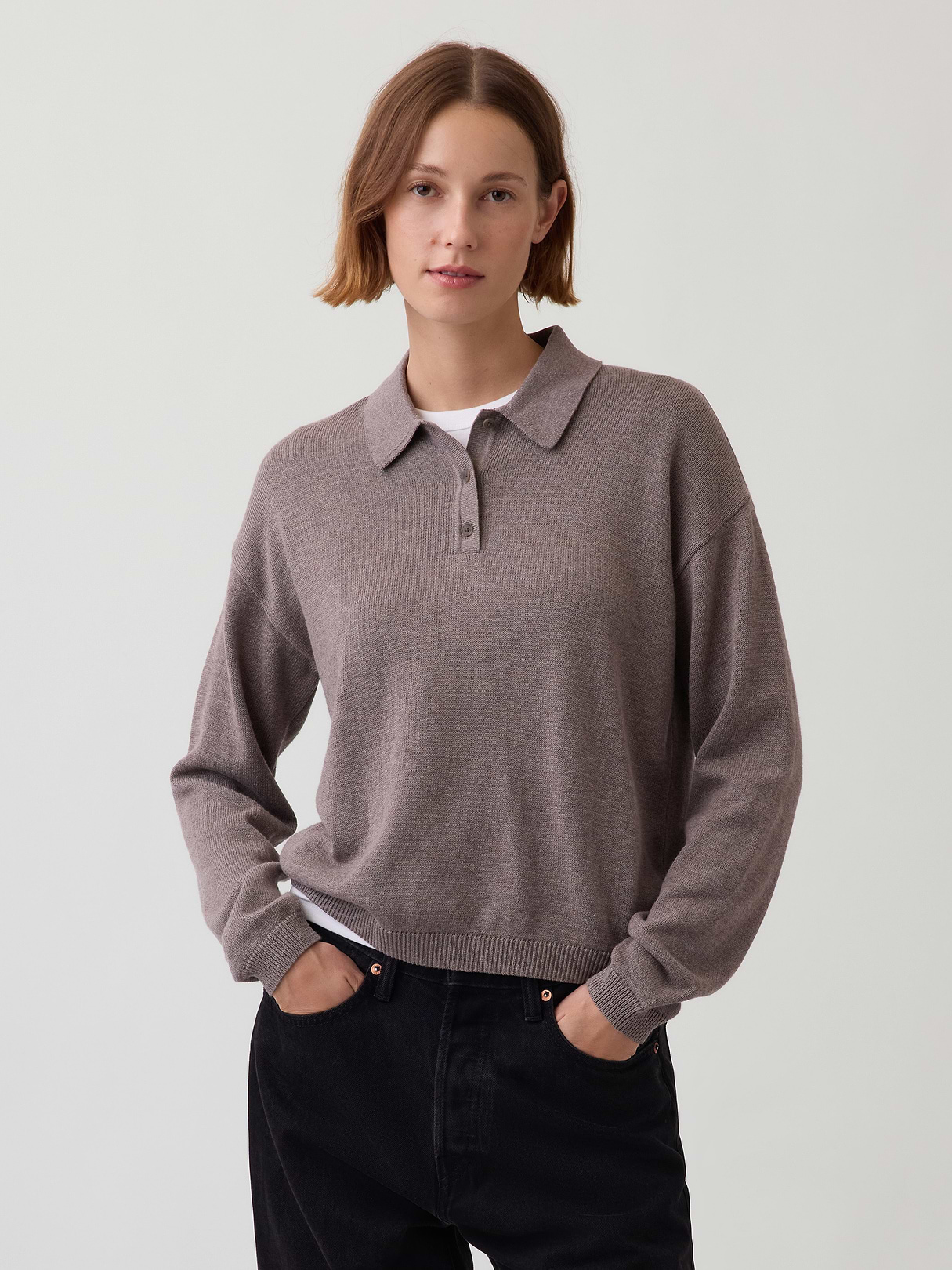 100% Cotton Relaxed Polo Sweater - Toasted almond brown