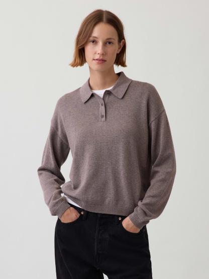 100% Cotton Relaxed Polo Sweater - Toasted almond brown