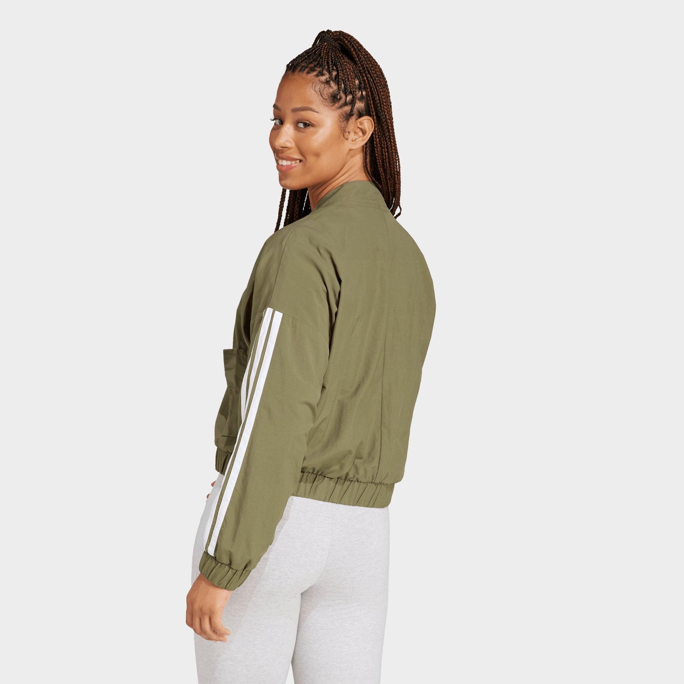 Women's adidas Sportswear Essentials 3-Stripes Lifestyle Woven Full-Zip Bomber Jacket - Olive Strata/White