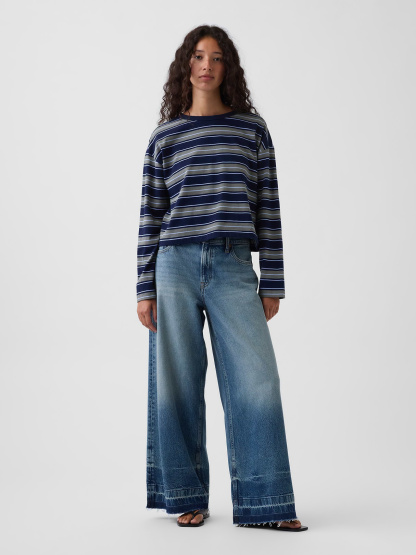 Mid Rise Denim Stripe Baggy Jeans - Medium indigo
