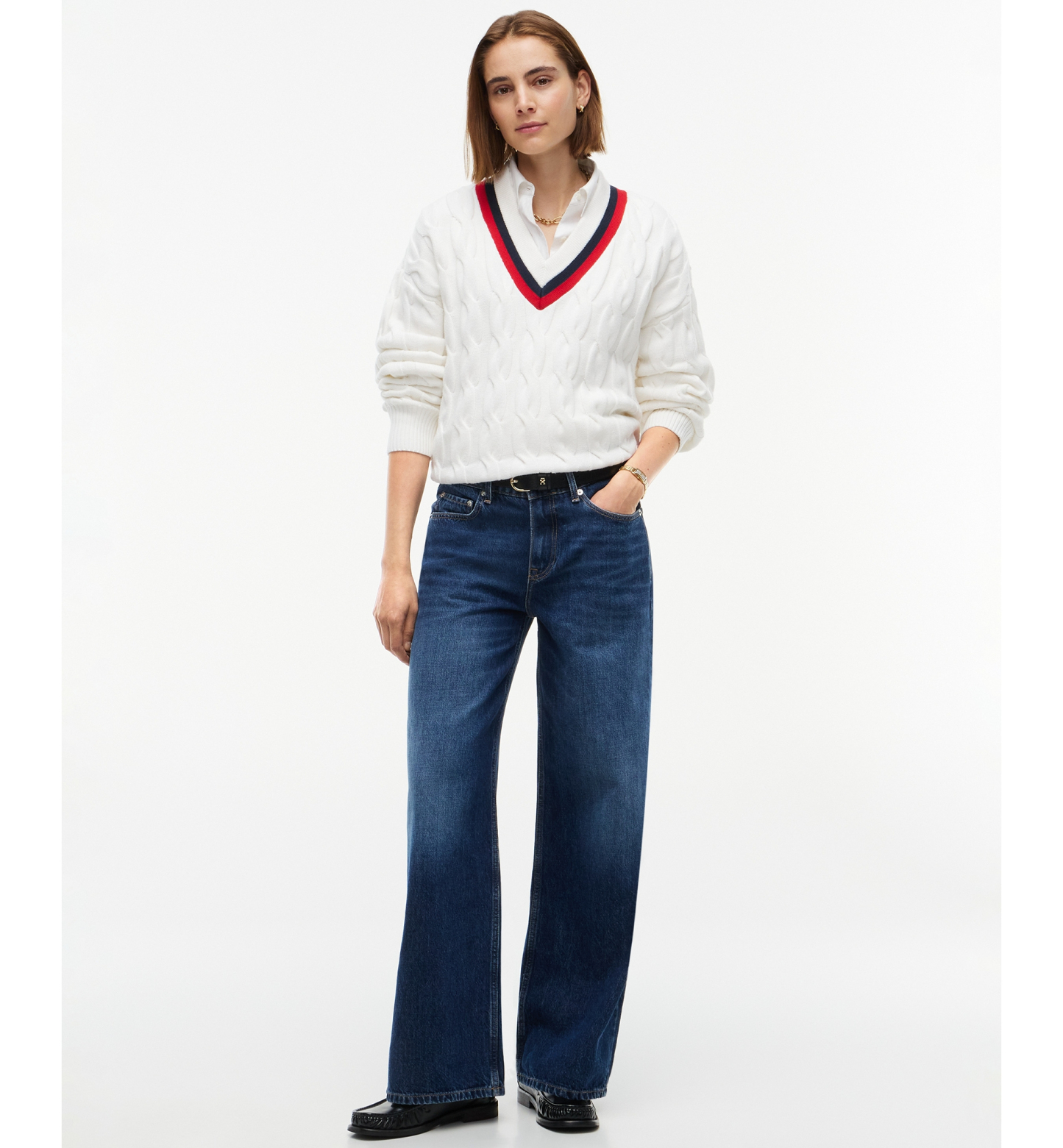 Tommy Hilfiger Women's Cricket Cable-Knit V-Neck Oversized Sweater - Ecru