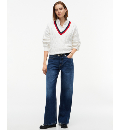 Tommy Hilfiger Women's Cricket Cable-Knit V-Neck Oversized Sweater - Ecru
