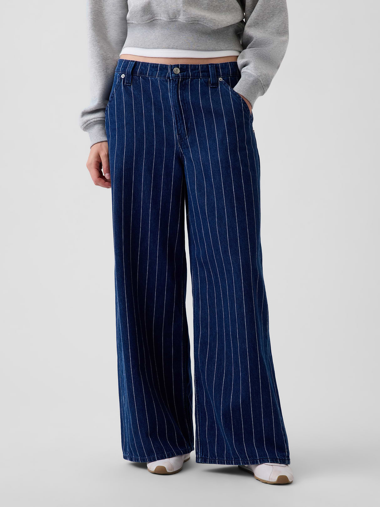 Mid Rise Denim Stripe Baggy Jeans - Navy blue stripe