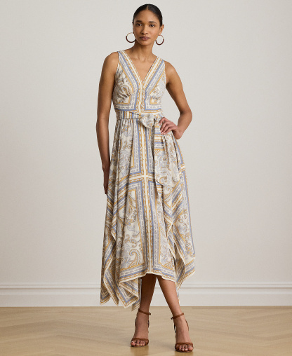 Lauren Ralph Lauren Women's Sleeveless Handkerchief Hem Midi Dress - Cream Multi
