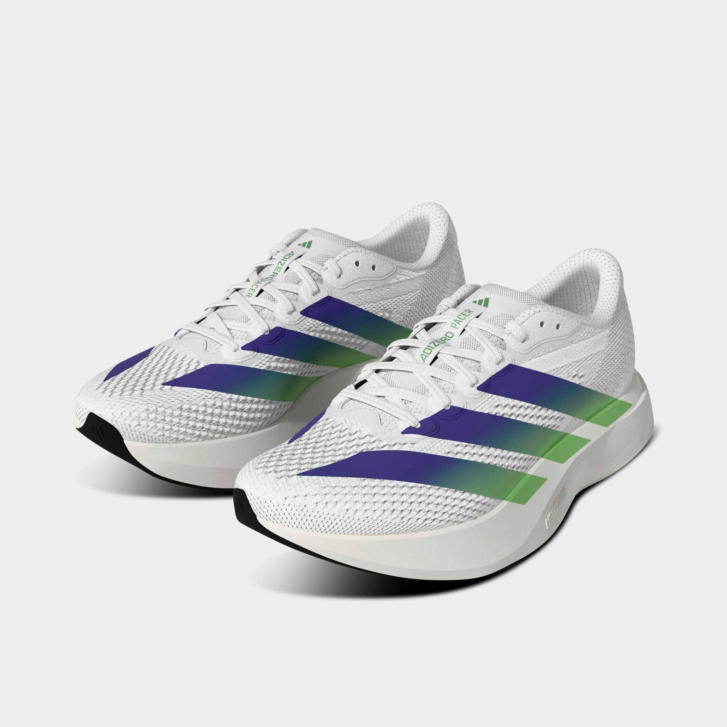 Men's adidas Adizero Pacer Running Shoes - Cloud White/Beam Green/Night Flash - Both shoes facing left