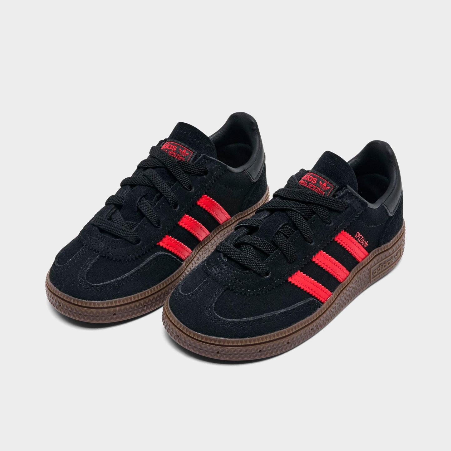Kids' Toddler adidas Originals Handball Spezial Stretch Lace Casual Shoes - Core Black/Pure Ruby - Both shoes facing left