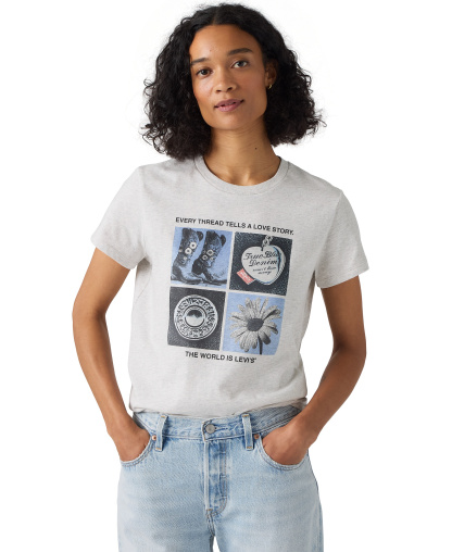 Levi's Women's Perfect Graphic Logo Cotton T-Shirt - Archival Grid Pt Orbit Heather Gray