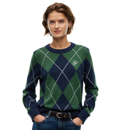 Tommy Hilfiger Women's Tartan Argyle Crewneck Long-Sleeve Sweater - Argyle Deep Evergreen Dark Blue