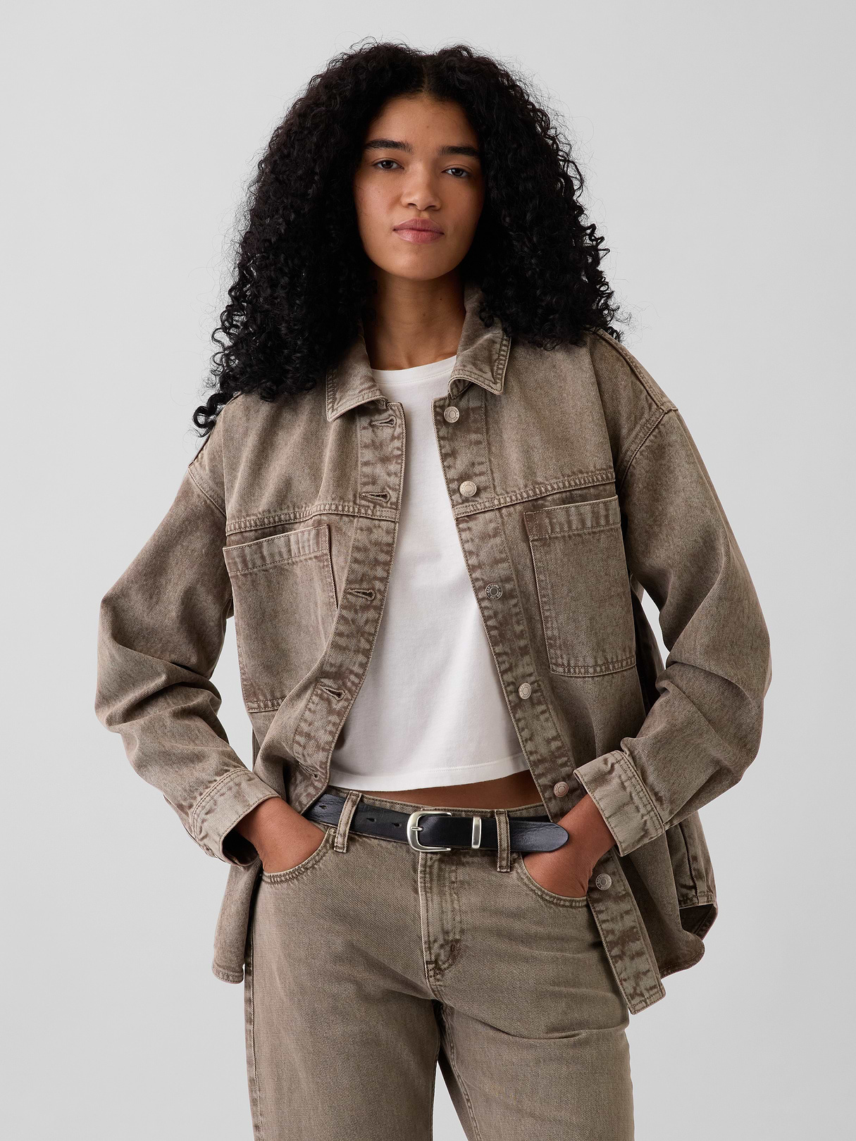 Denim Oversized Shirt Jacket - Brown wash