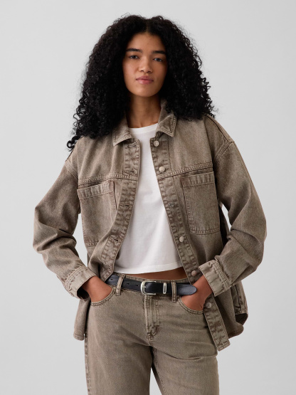 Denim Oversized Shirt Jacket - Brown wash