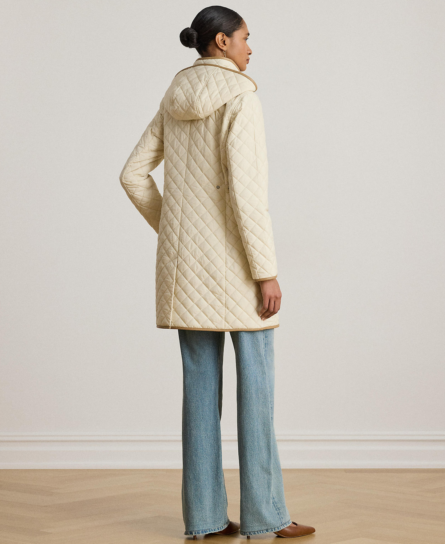 Lauren Ralph Lauren Womens Hooded Quilted Faux-Suede-Trim Coat - Moda cream