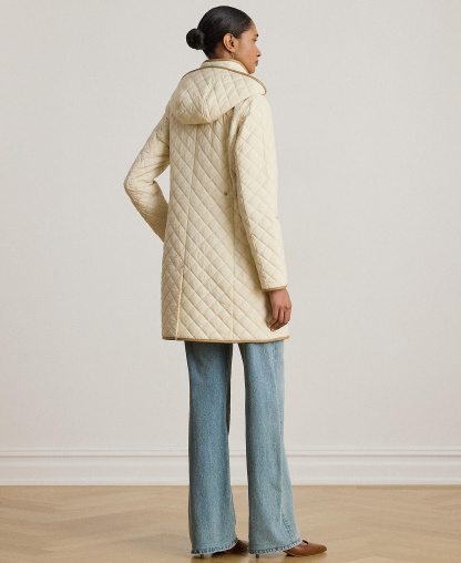 Lauren Ralph Lauren Womens Hooded Quilted Faux-Suede-Trim Coat - Moda cream