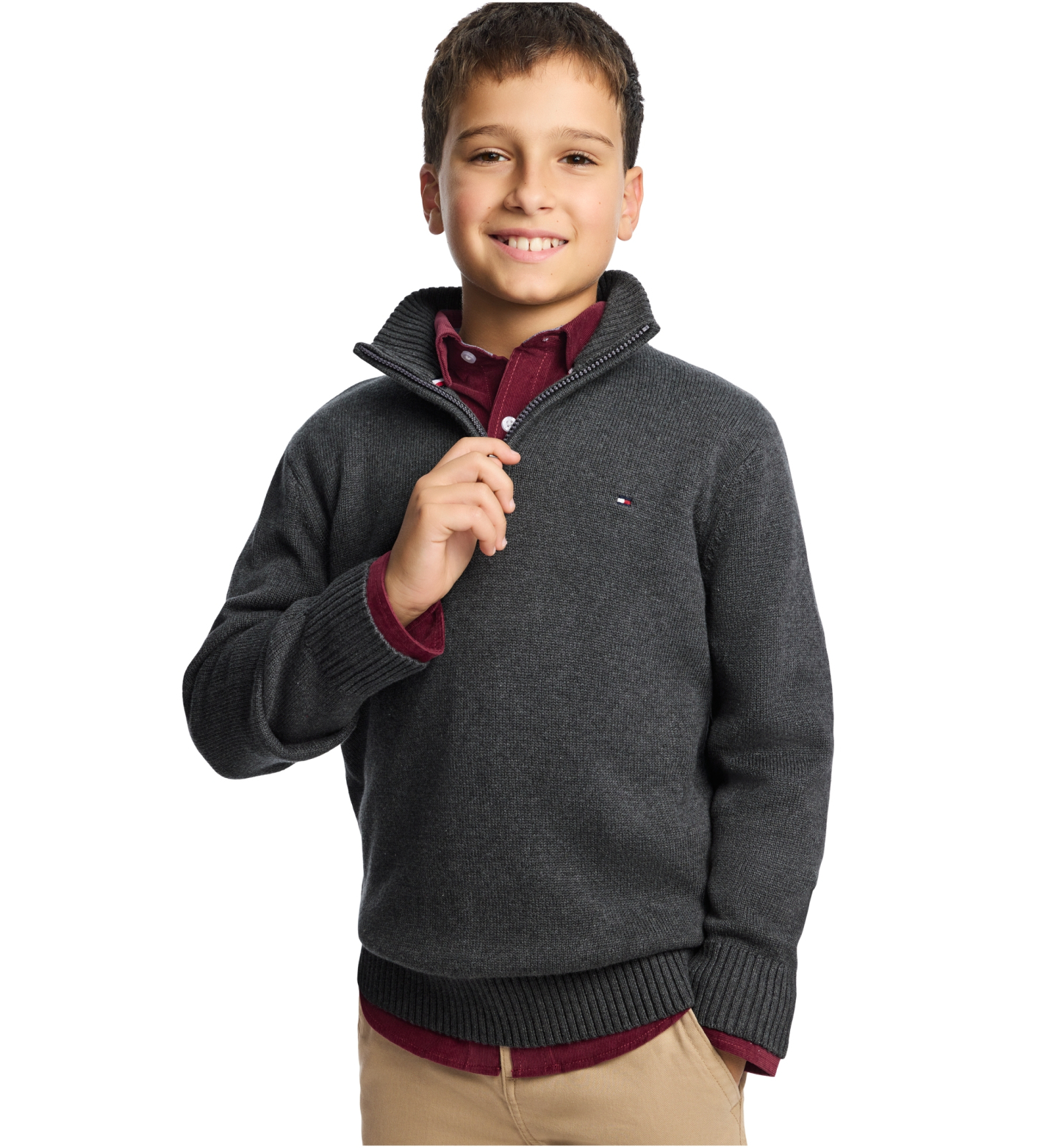 Tommy Hilfiger Boys' 8-20 Zipneck Cotton Quarter-Zip Sweater - Charcoal Heather