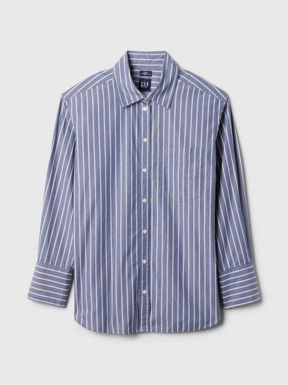 Organic Cotton Poplin Stripe Big Shirt - Blue and green stripe