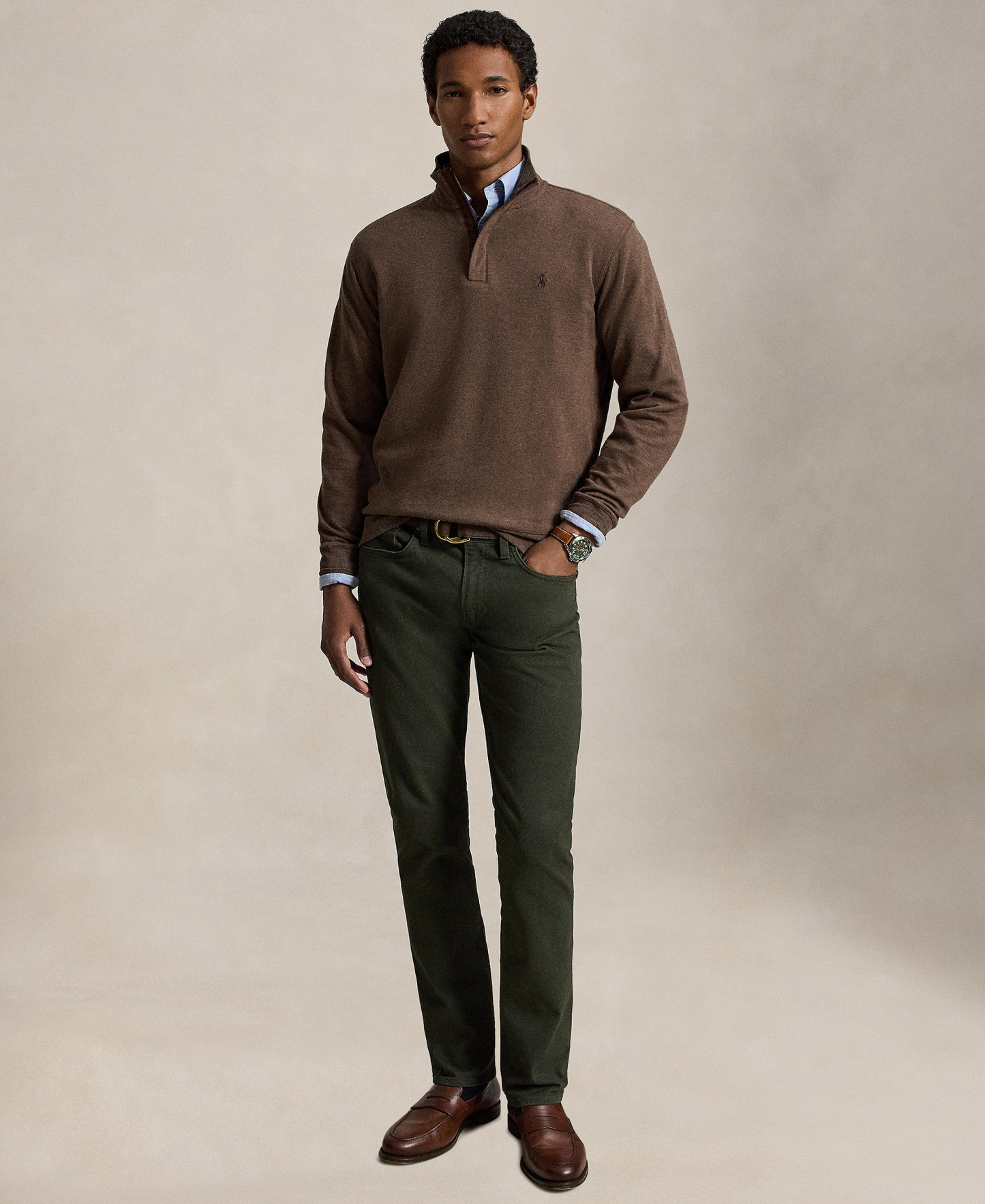 Polo Ralph Lauren Men's Luxury Jersey Quarter-Zip Pullover Sweater - Nutmeg Brown Heather/C8956