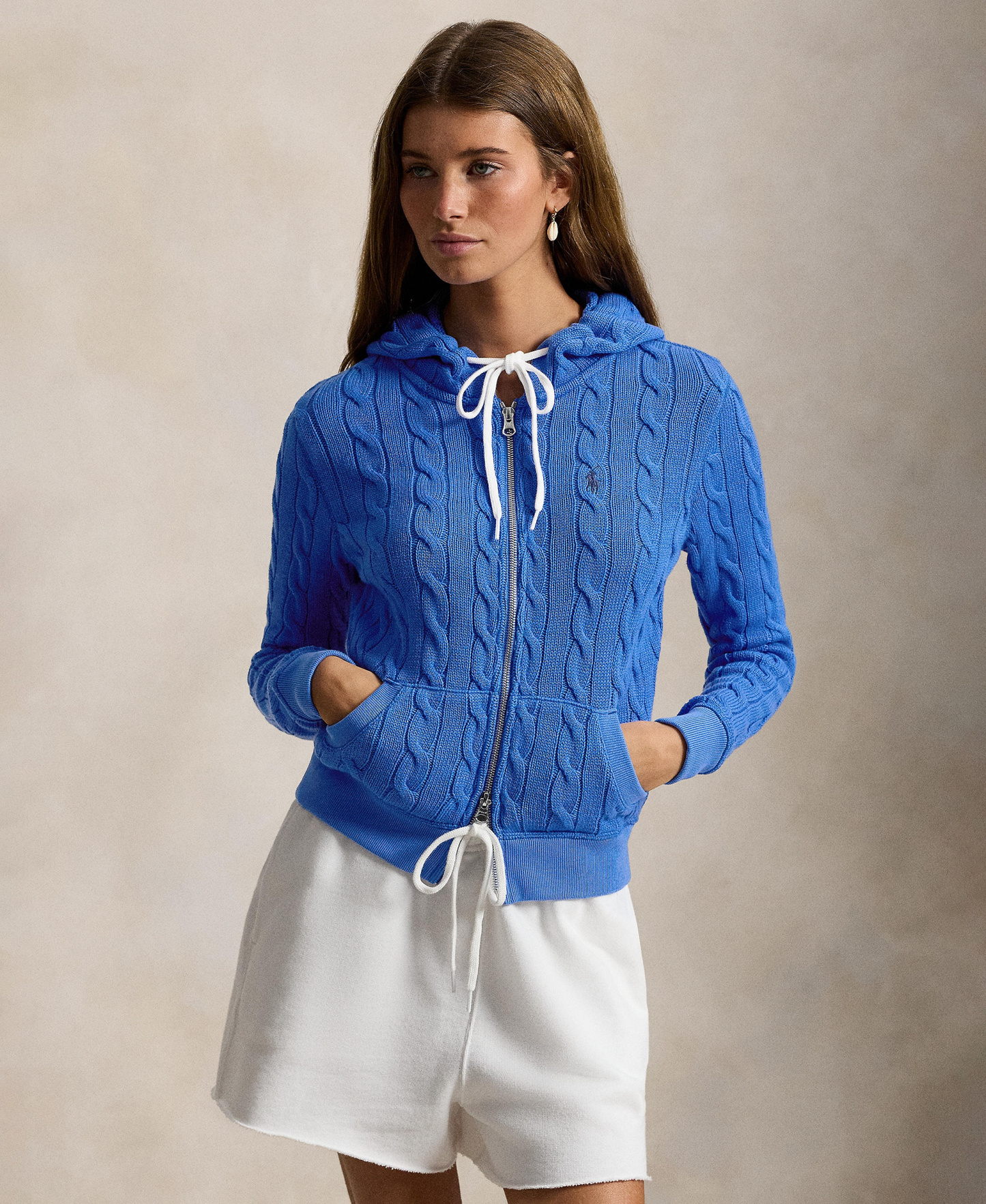 Polo Ralph Lauren Women's Cable-Knit Cotton Full-Zip Hoodie Sweater - Colby Blue