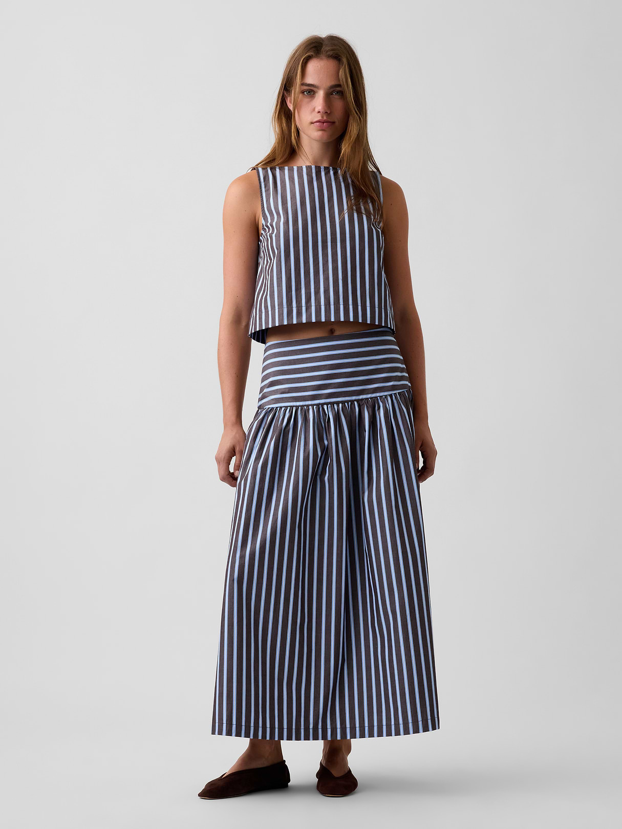 Poplin Drop-Waist Maxi Skirt - Blue & brown stripe