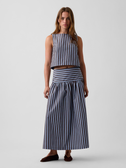Poplin Drop-Waist Maxi Skirt - Blue & brown stripe