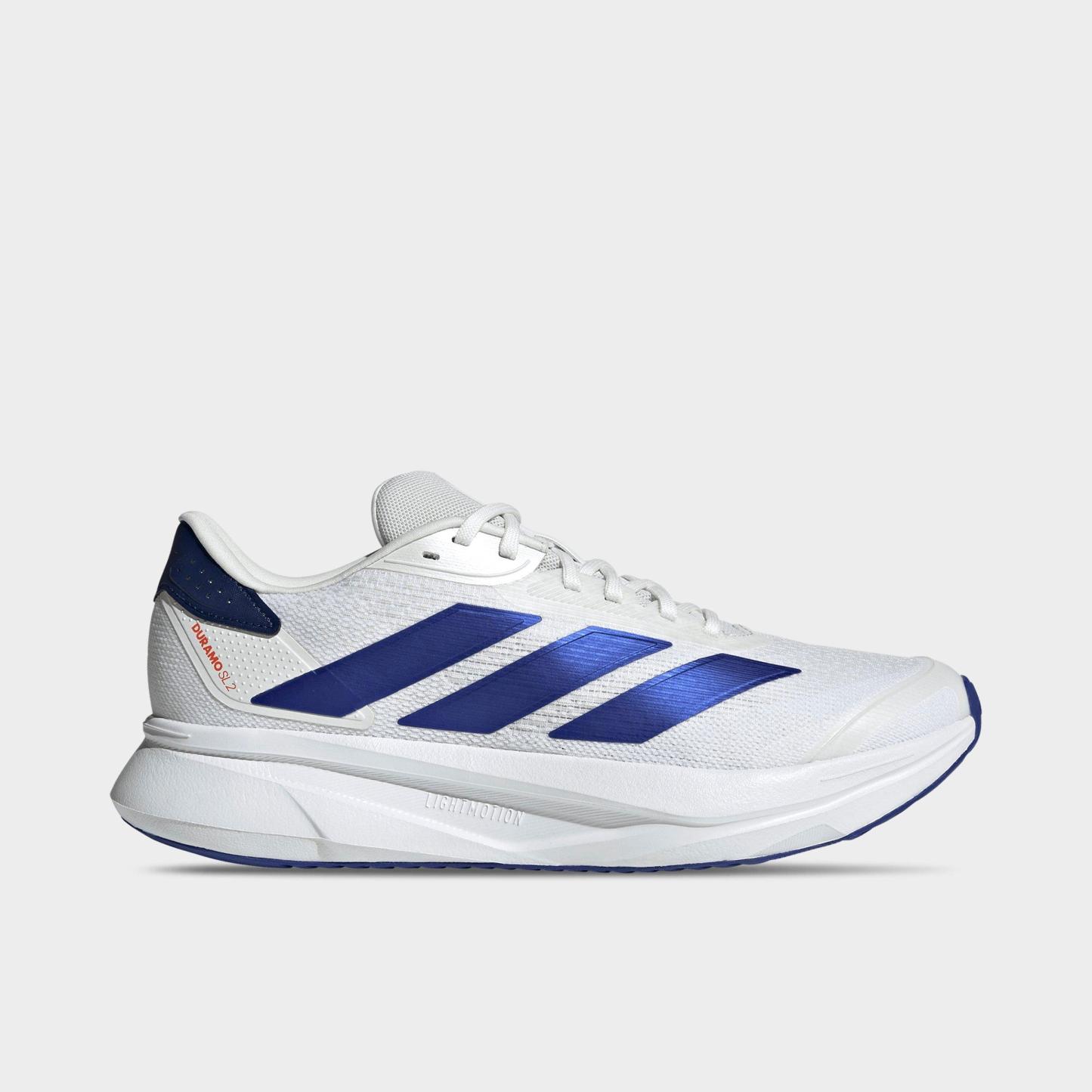 Men's adidas Duramo SL 2.0 Running Shoes - White/Lucid Blue/Dark Blue - Left shoe facing left. Outside of the shoe.