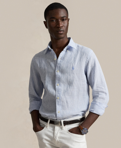 Polo Ralph Lauren Men's Striped Linen Classic-Fit Shirt - Cabana Blue/White