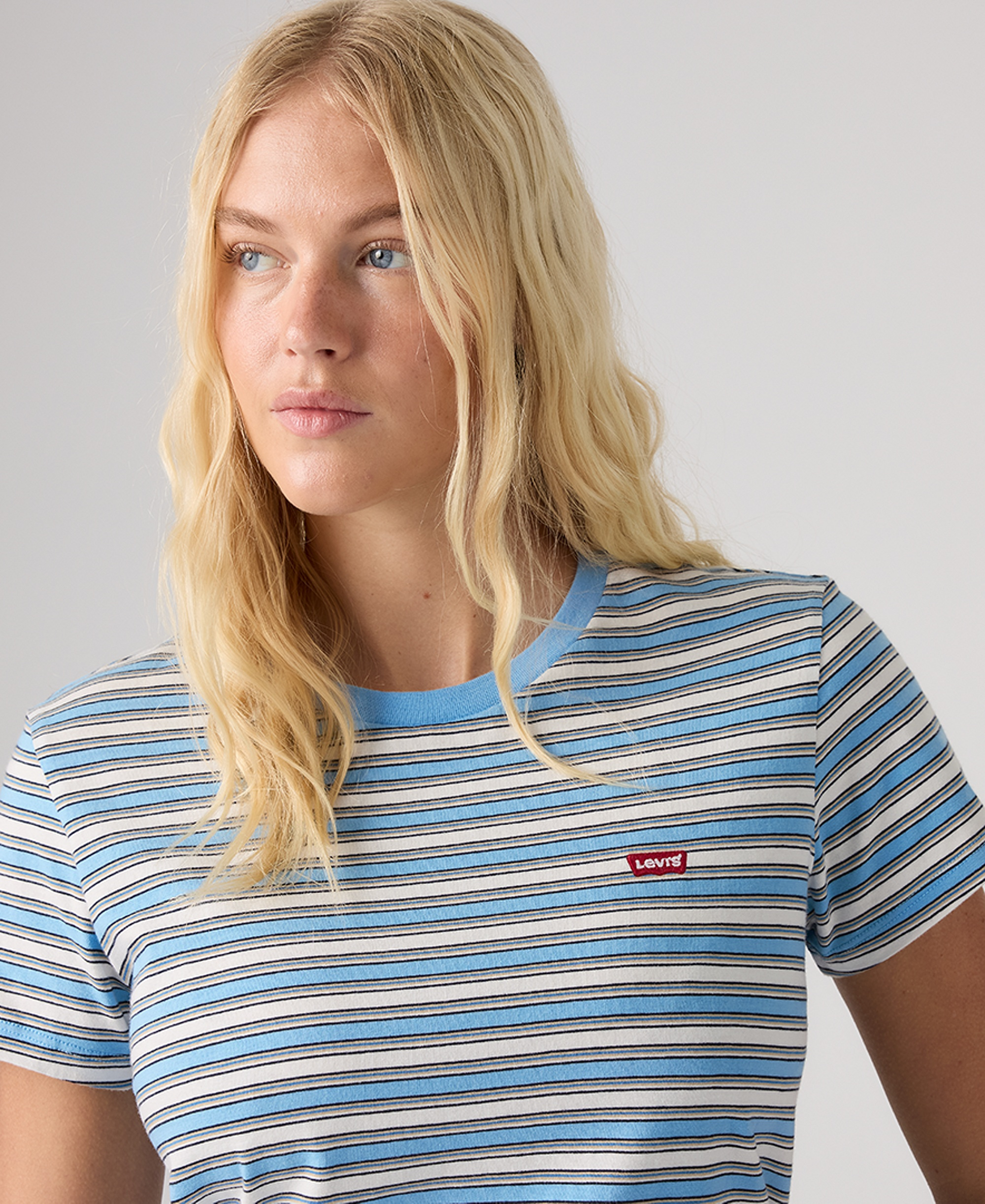Levi's Women's The Perfect Crew Neck Cotton T-Shirt - Pisces Stripe Alaskan Blue