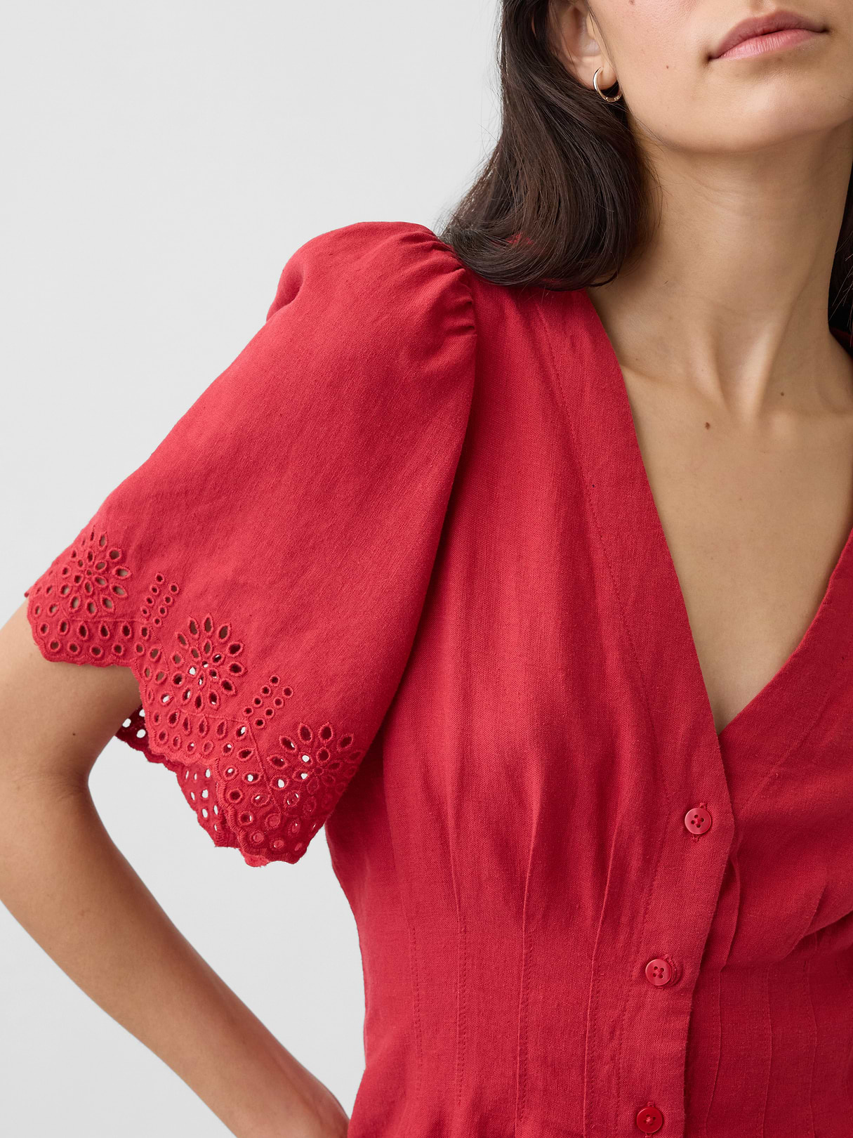 Linen-Blend Cinched Mini Shirtdress - Chakra red