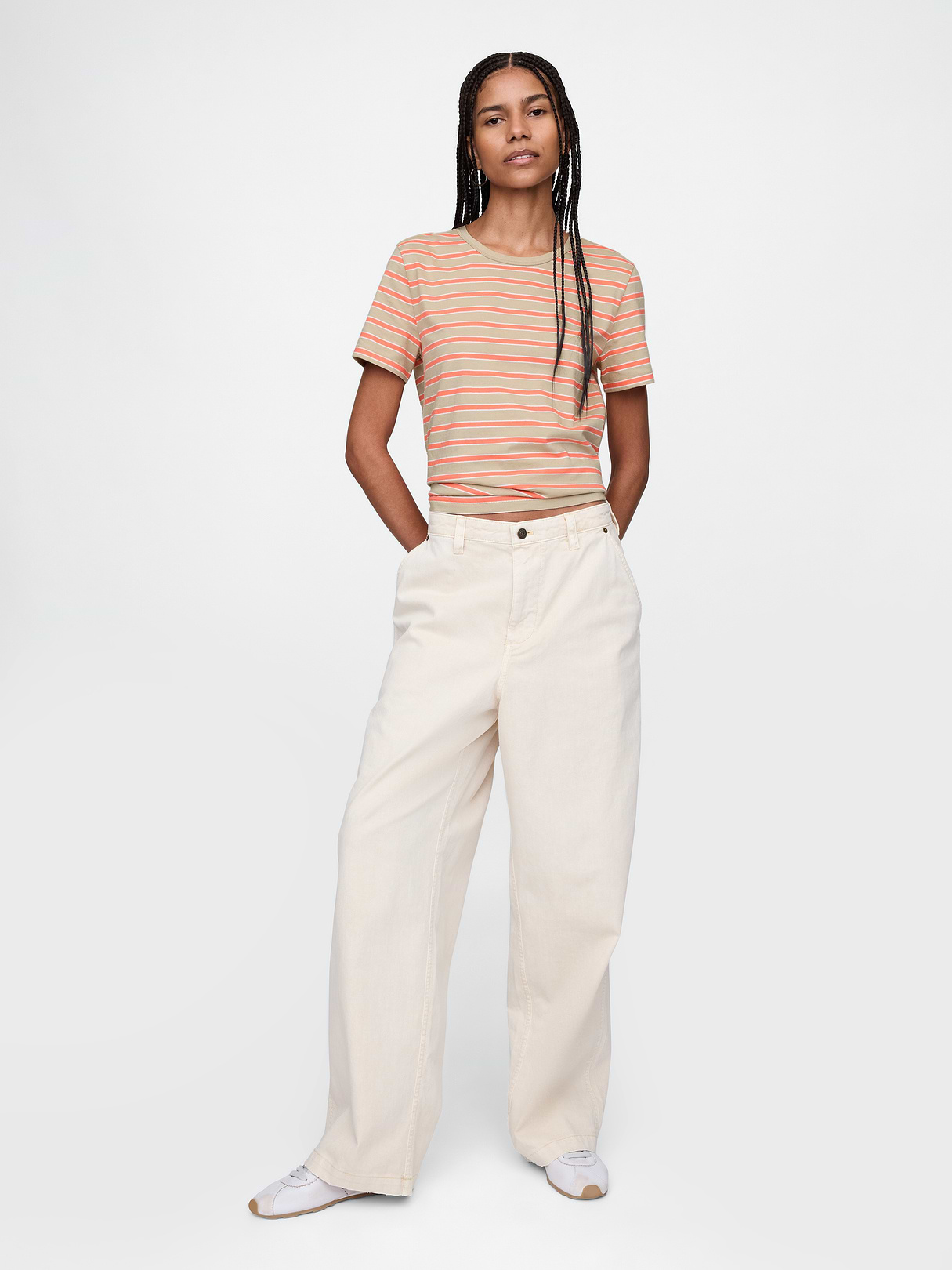 Organic Cotton VintageSoft T-Shirt - Coral pink and khaki tan stripe