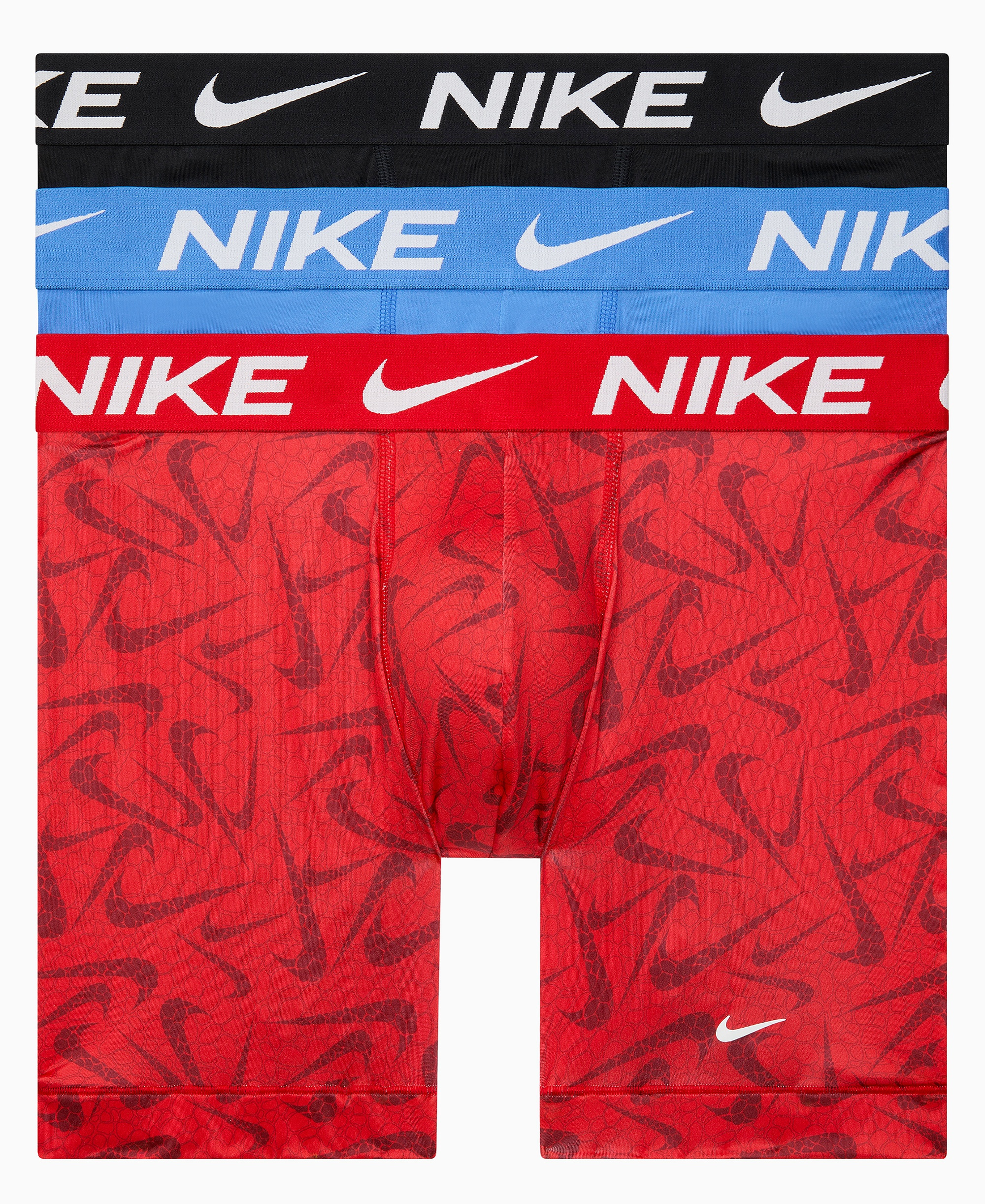 Nike Men's DRI-FIT Essential Micro Boxer Briefs, 3-Pack - Uni Red Pebble Swoosh Print/ Blue Crystal/ Black
