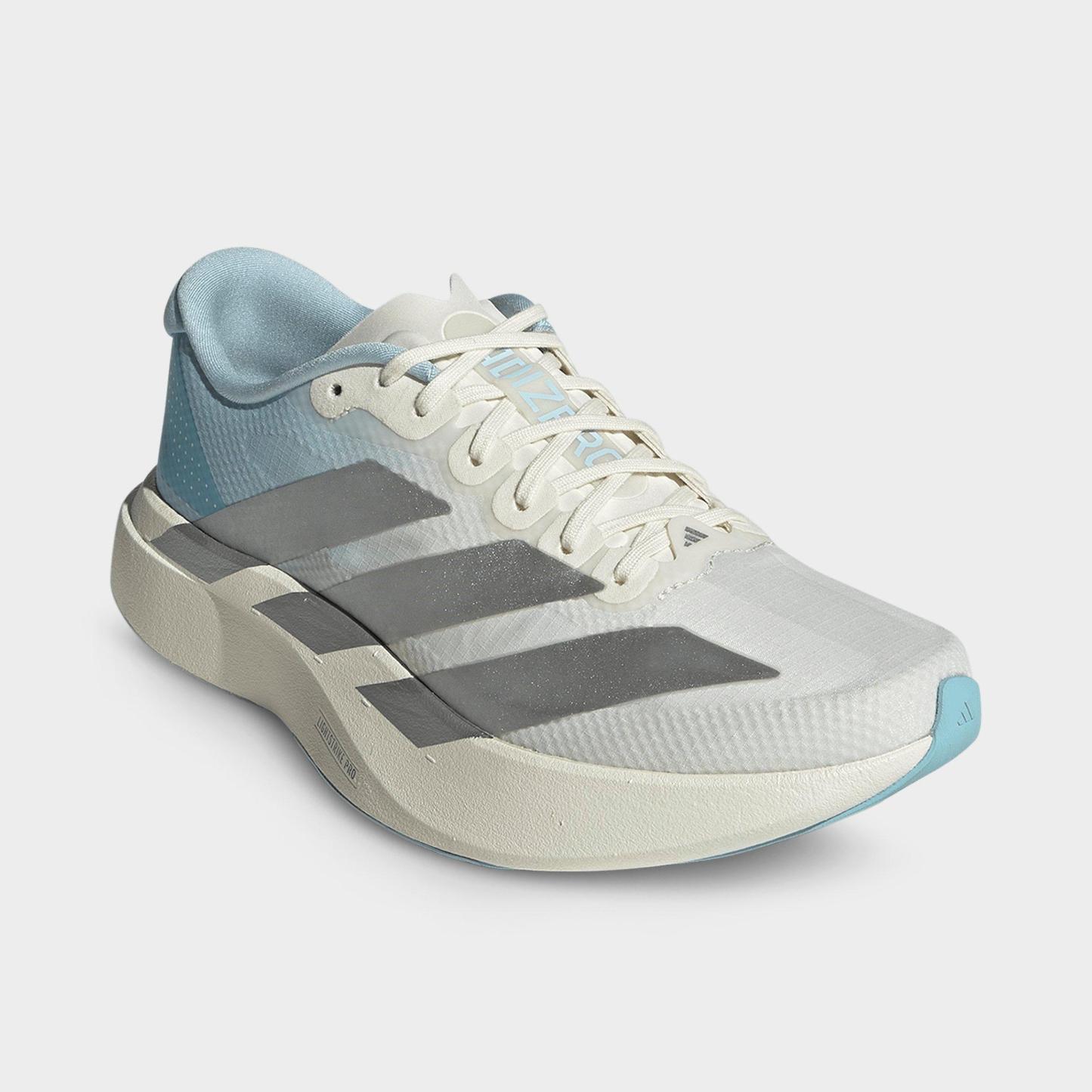 Women's adidas Adizero EVO SL Woven Running Shoes - Part 1 - Off White/Silver Metallic/Icey Blue - Both shoes facing left