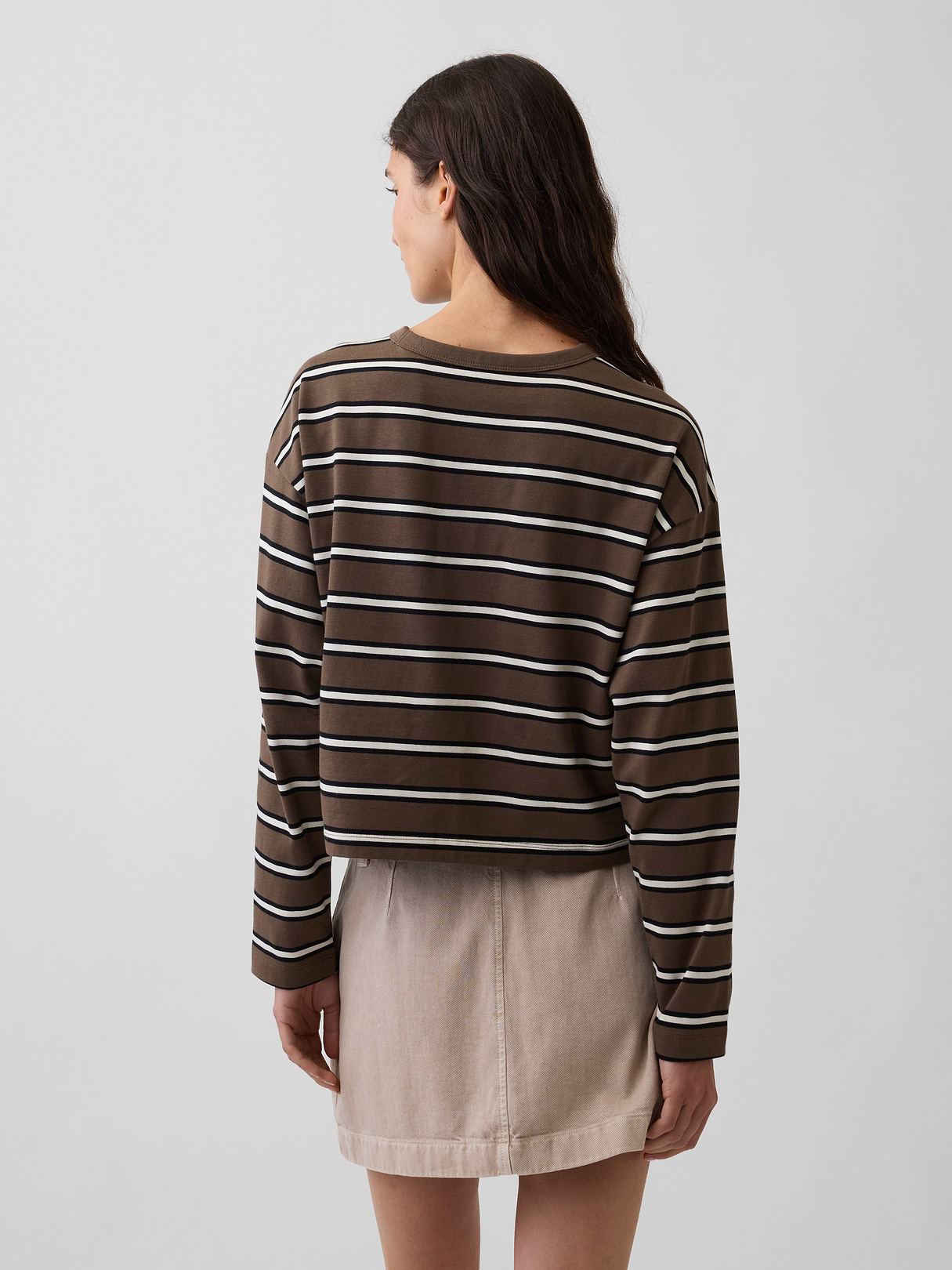 Knit Oversized Crop T-Shirt - Brown & off white stripe