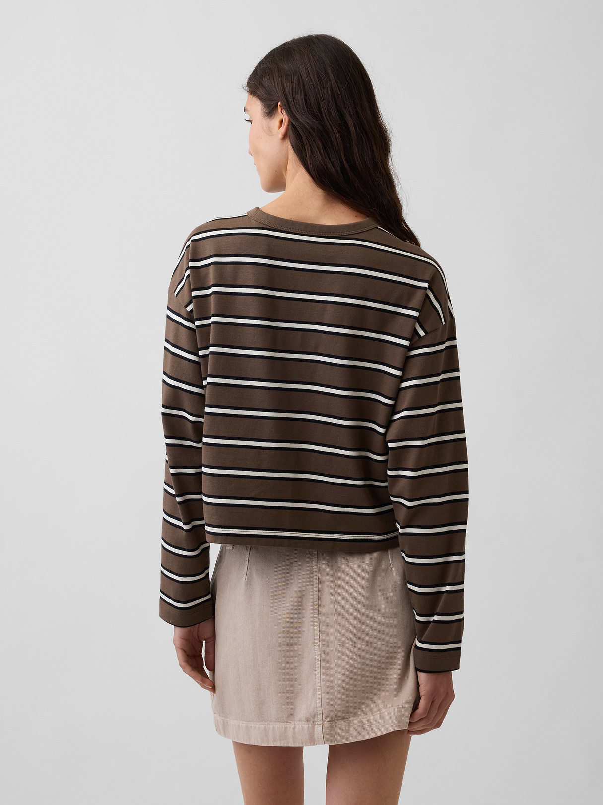 Knit Oversized Crop T-Shirt - Brown & off white stripe