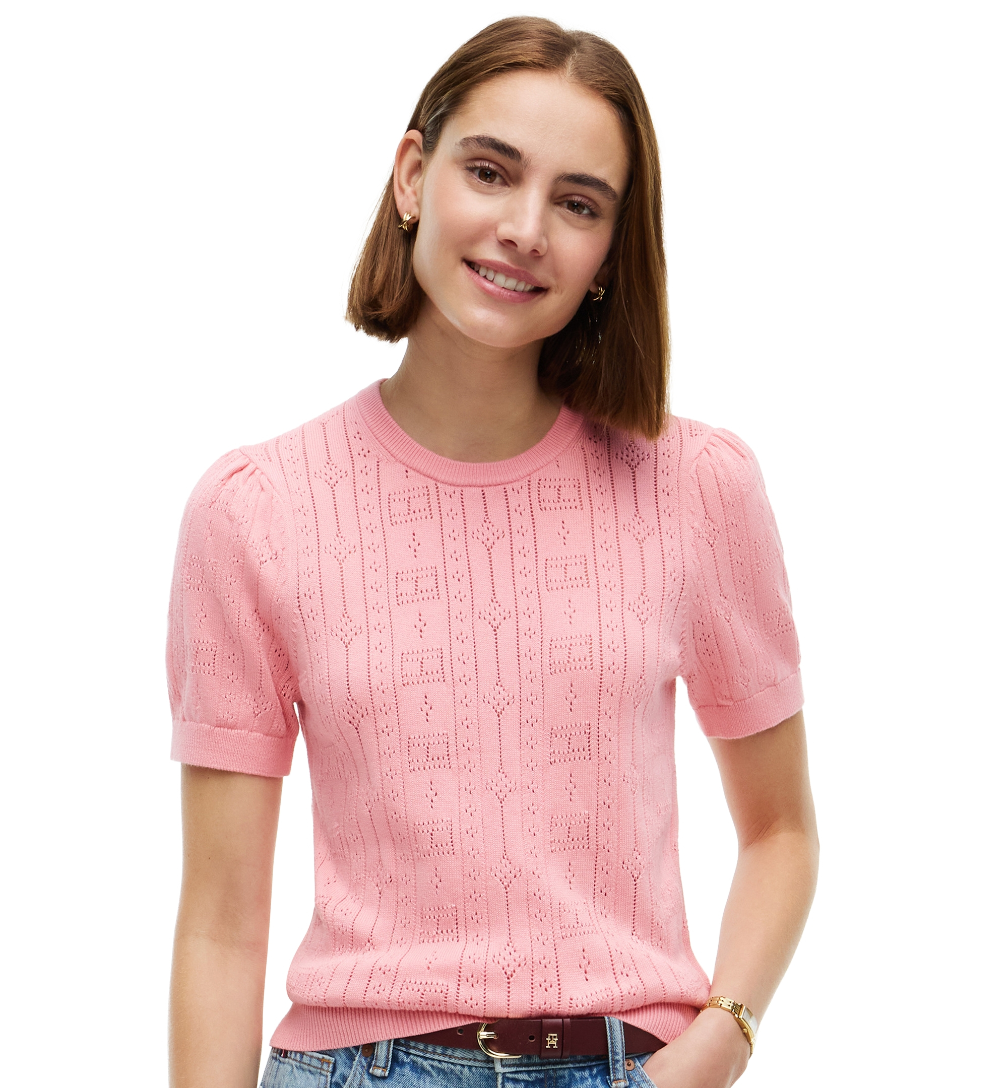 Tommy Hilfiger Women's Pointelle Puff-Sleeve Sweater - Carnation Pink