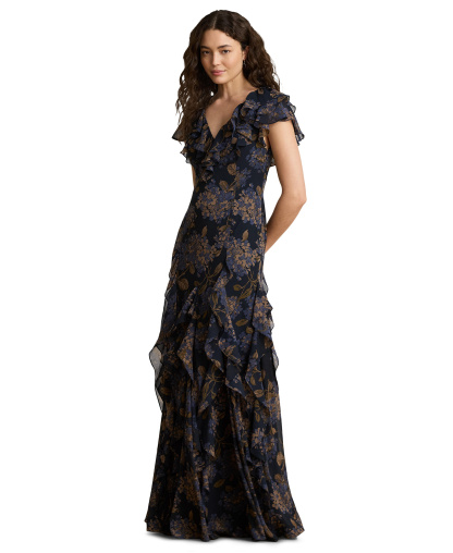 Lauren Ralph Lauren Women's Floral Ruffle-Trim Georgette Gown - Navy multi