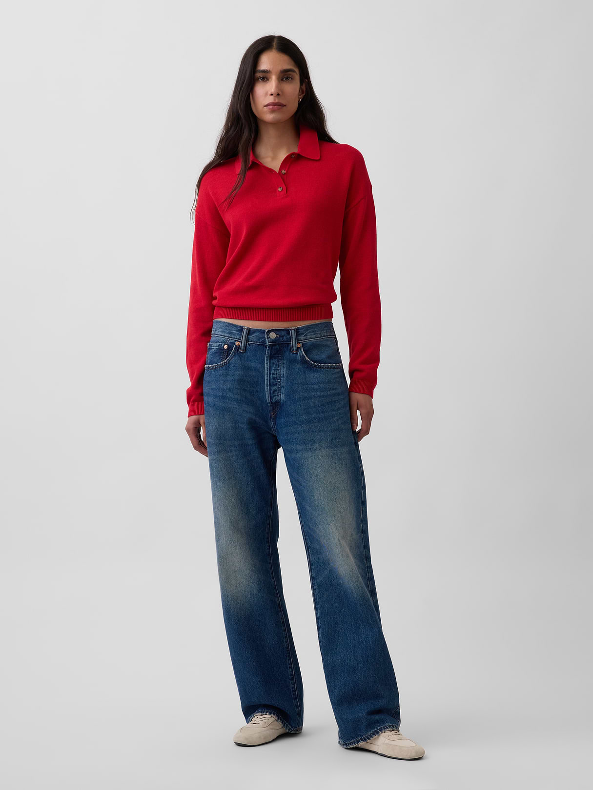 100% Cotton Relaxed Polo Sweater - Modern red