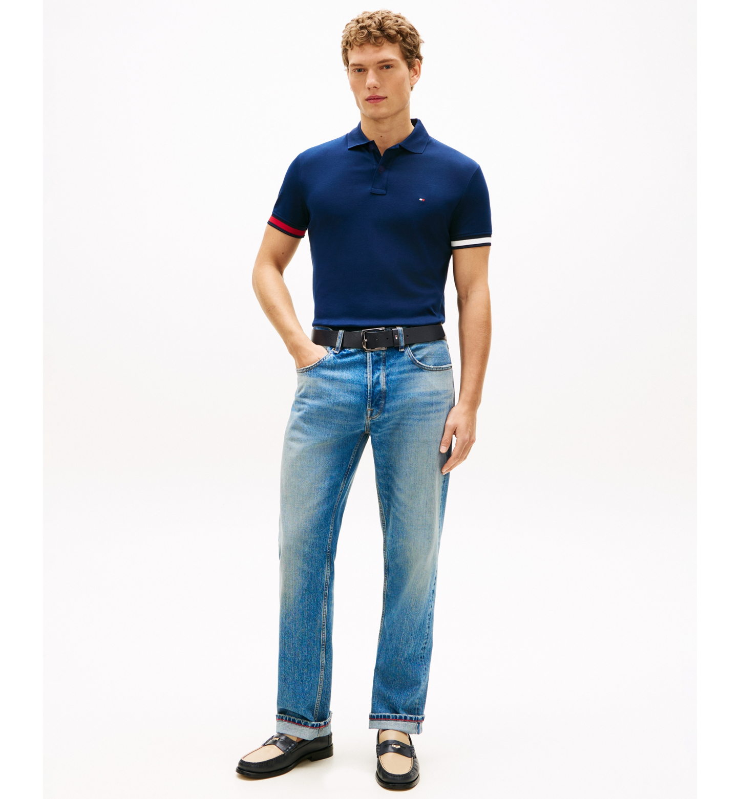Tommy Hilfiger Men's Slim-Fit Smooth Touch Red, White, and Blue Cuff Polo Shirt - Carbon Navy