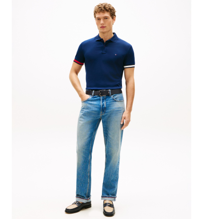 Tommy Hilfiger Men's Slim-Fit Smooth Touch Red, White, and Blue Cuff Polo Shirt - Carbon Navy
