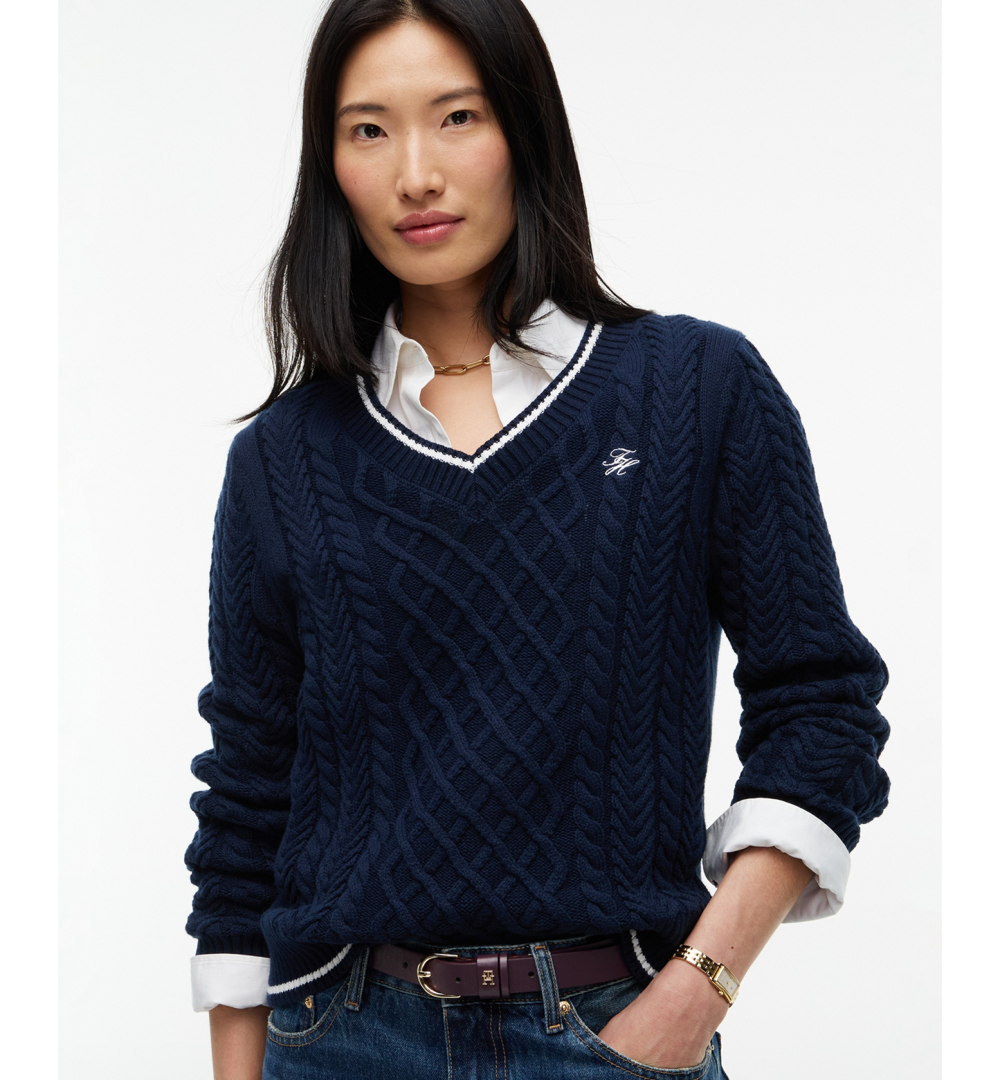 Tommy Hilfiger Women's Cable-Knit V-Neck Sweater - Dark Blue