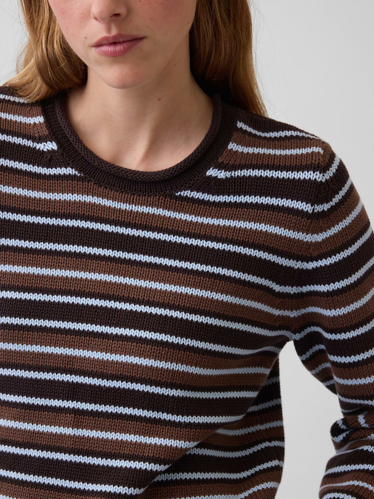 100% Cotton Rollneck Sweater - Brown & blue stripe