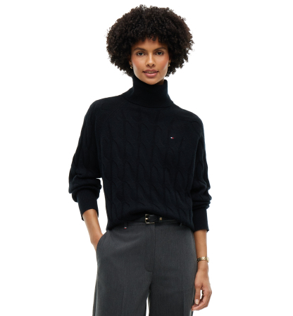Tommy Hilfiger Women's Cable-Knit Turtleneck Wool Sweater - Black