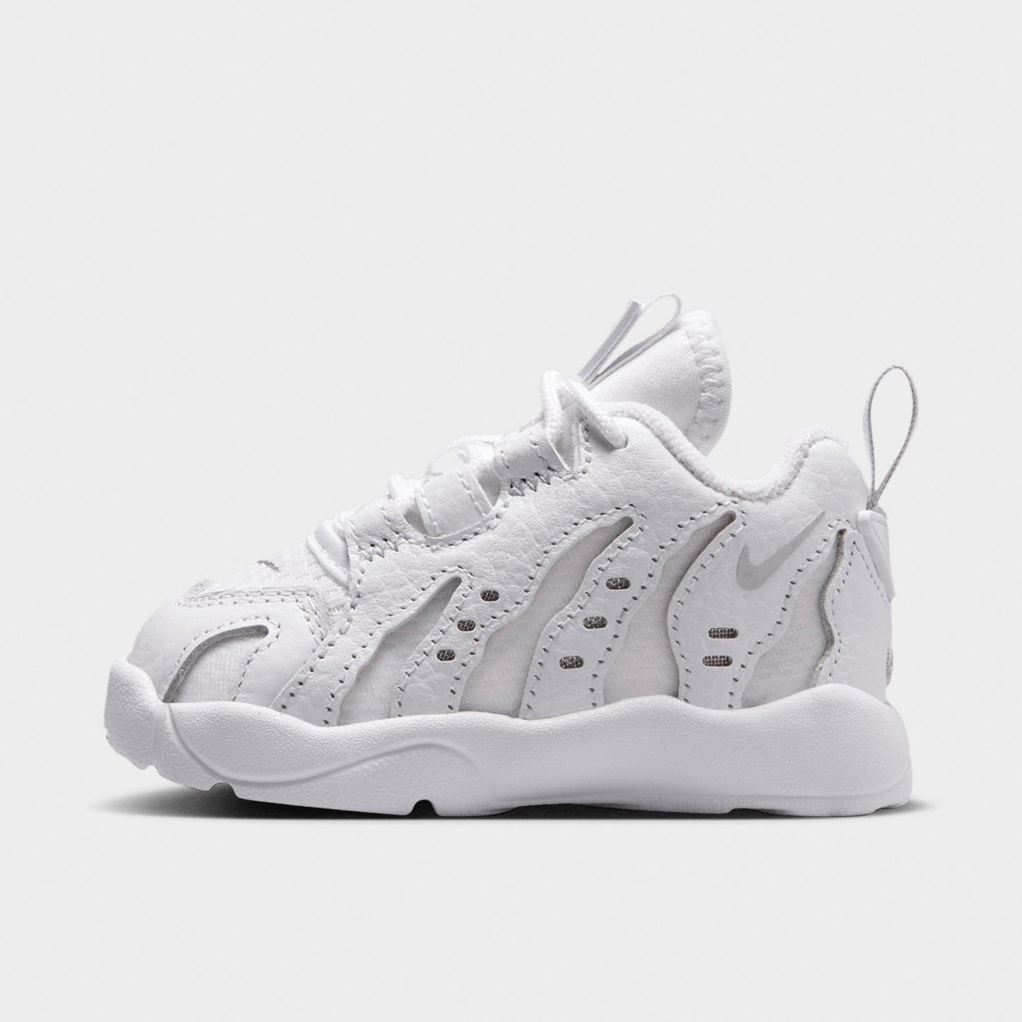 Kids' Toddler Nithtke Air DT Max ‘96 Low Casual Shoes - White/Metallic Silver/White/Light Smoke Grey - Left shoe facing left. Outside of the shoe.