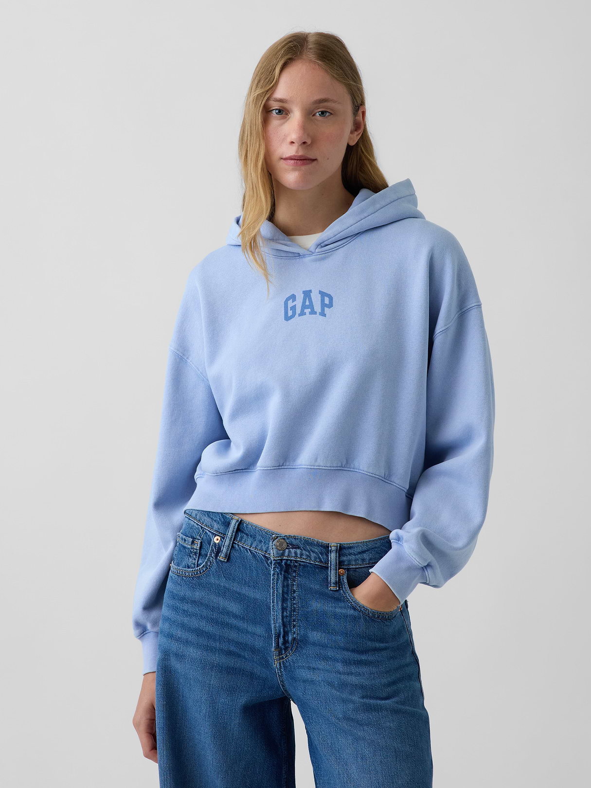 VintageSoft Crop Logo Hoodie - Air stream blue