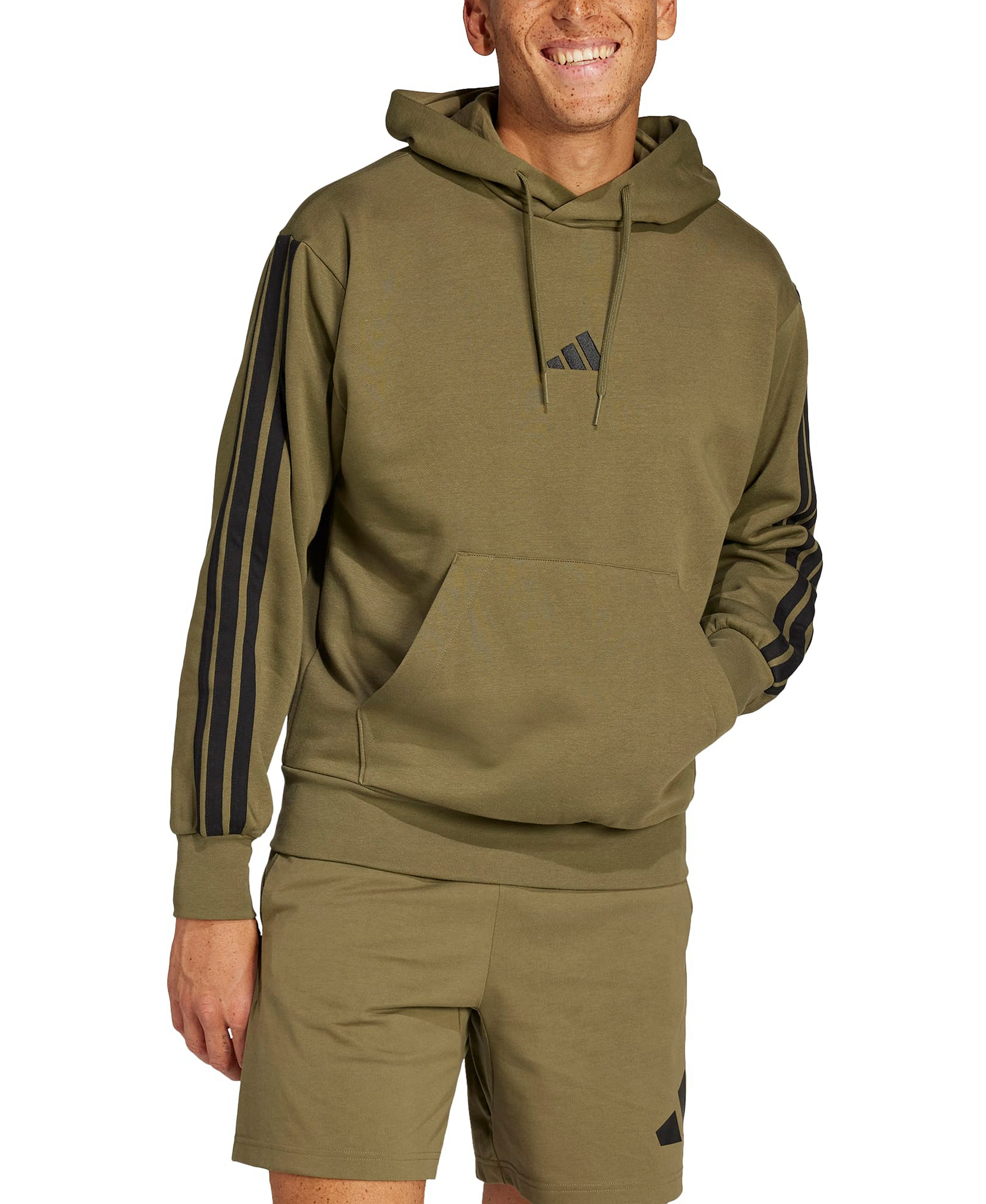 adidas Men's Essential Three-Stripes Fleece Hoodie - Olive Strata/Black