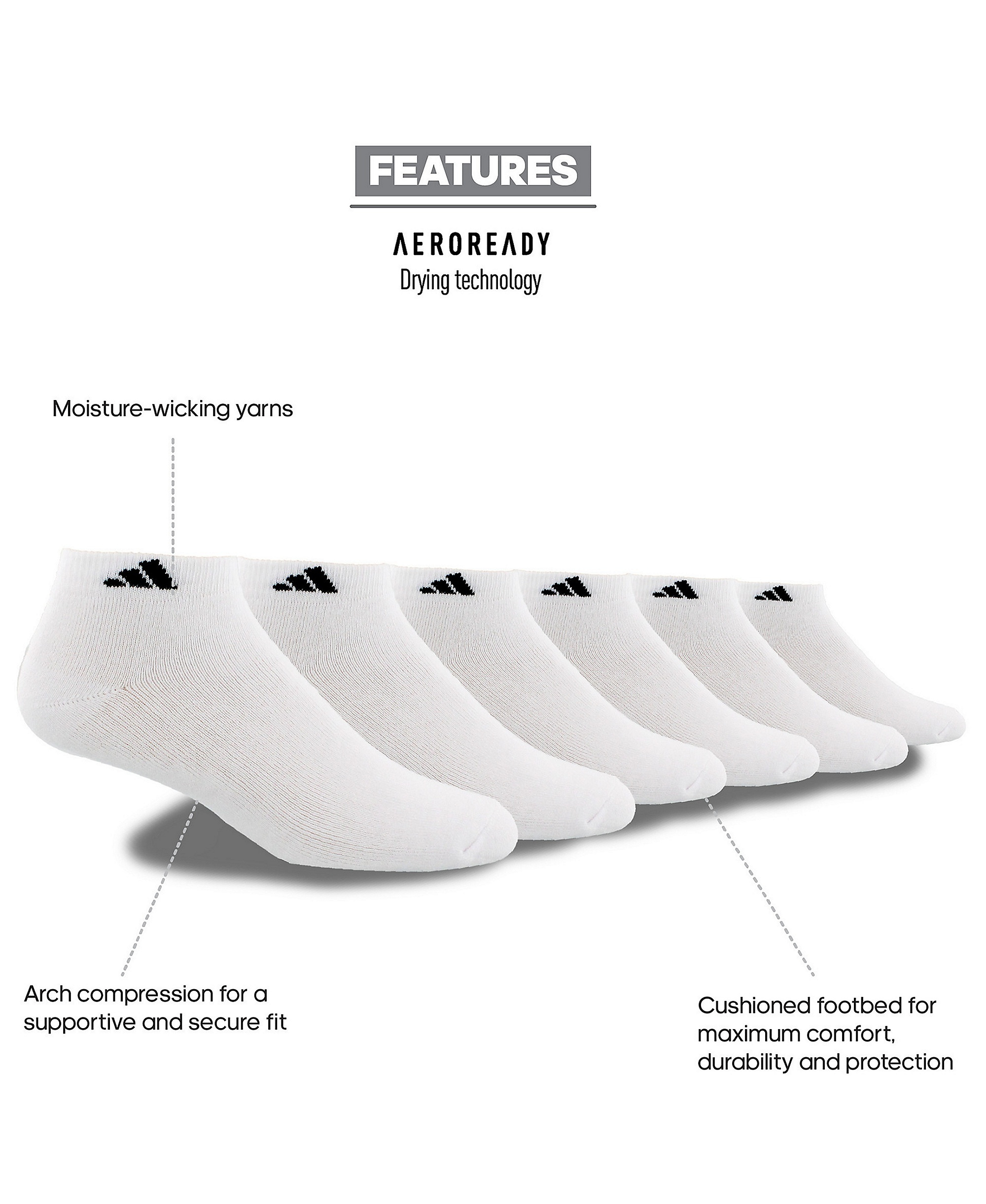adidas Men's Cushioned Athletic 6-Pack Low Cut Socks - White