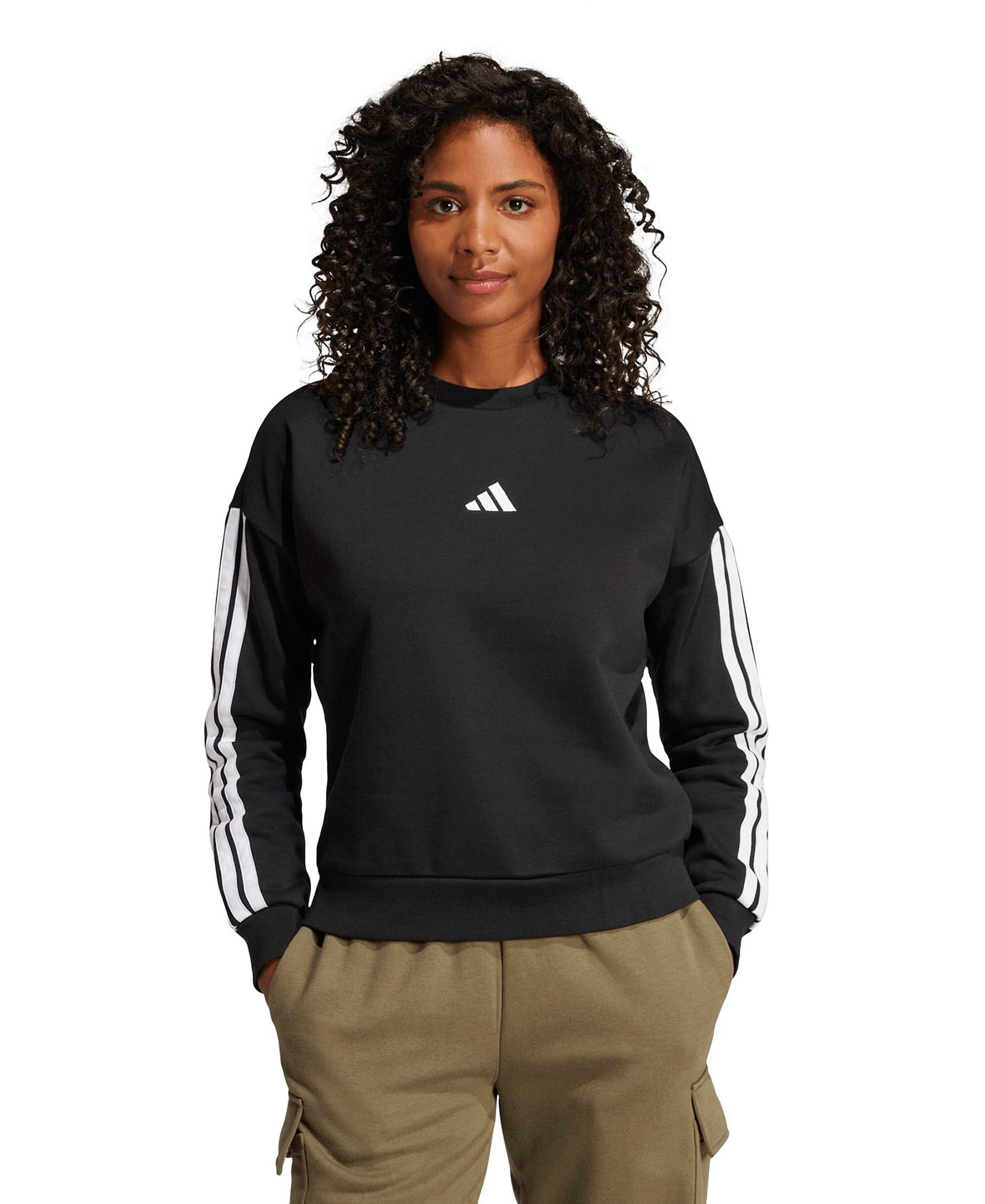 adidas Women's Essentials 3-Stripes Fleece Crew Neck Sweatshirt - Black/White