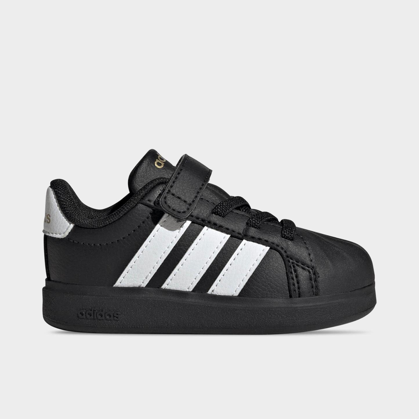 Kids' Toddler adidas Streettalk Hook-And-Loop Stretch Lace Casual Shoes - Core Black/Footwear White/Gold Metallic - Left shoe facing left. Outside of the shoe.